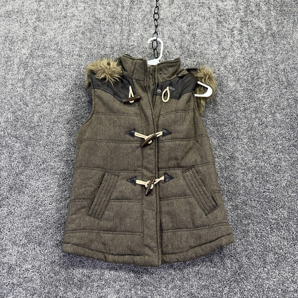 CI SONO Vest Womens L Brown Quilted Hood Faux Fur Toggle Puffer